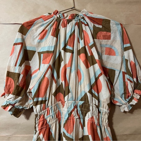 THML | NWT Mia Midi Dress Tie Neck Smocked Tiered Popover Geometric Print Size S - Picture 13 of 14